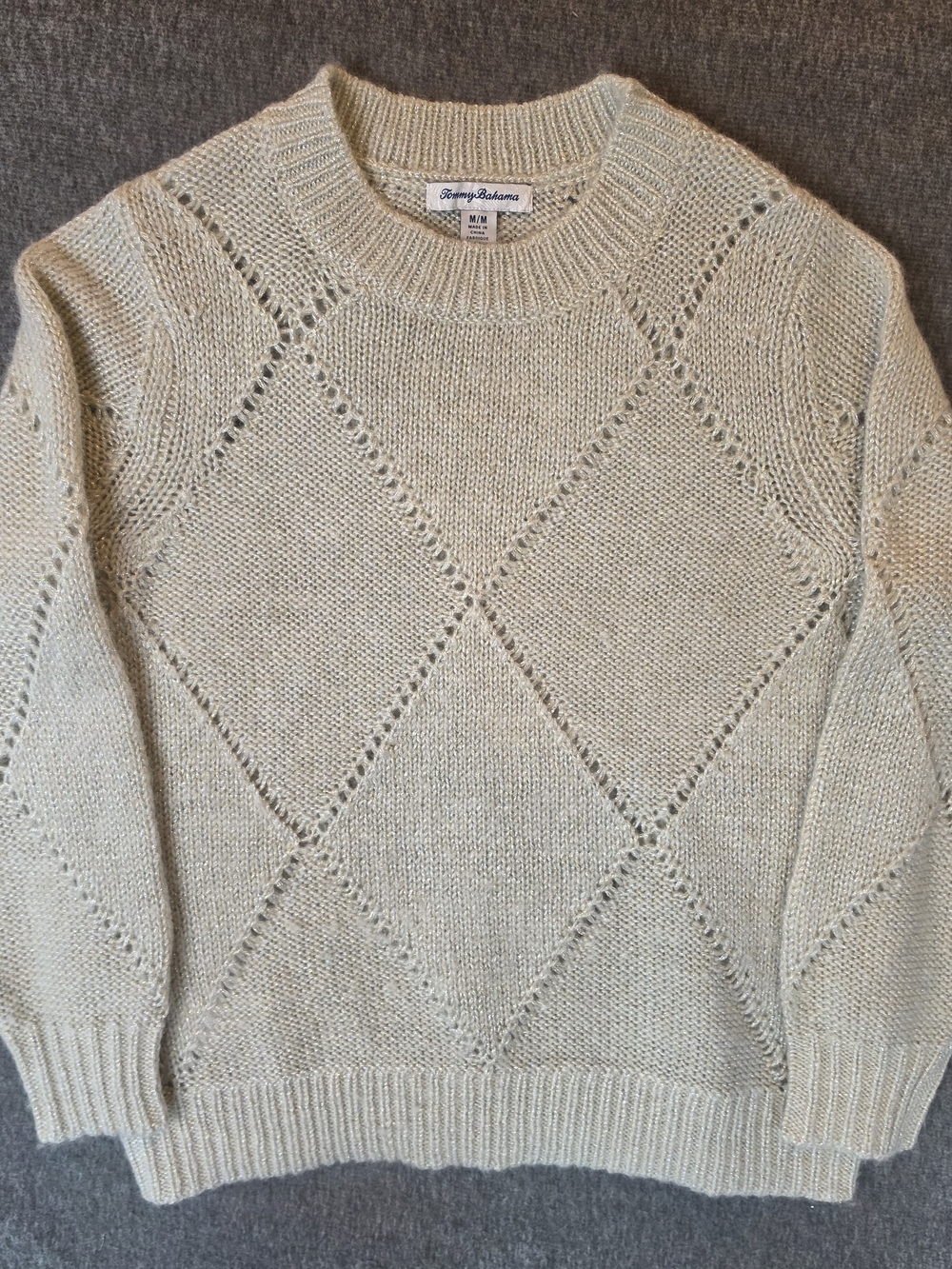 Tommy Bahama Womans Cream Wool Blend Metallic Diamond Knit Sweater Medium Preppy